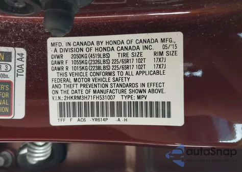 2015 Honda Cr-V Ex-L z USA, uszkodzony, nr VIN 2HKRM3H71FH531007